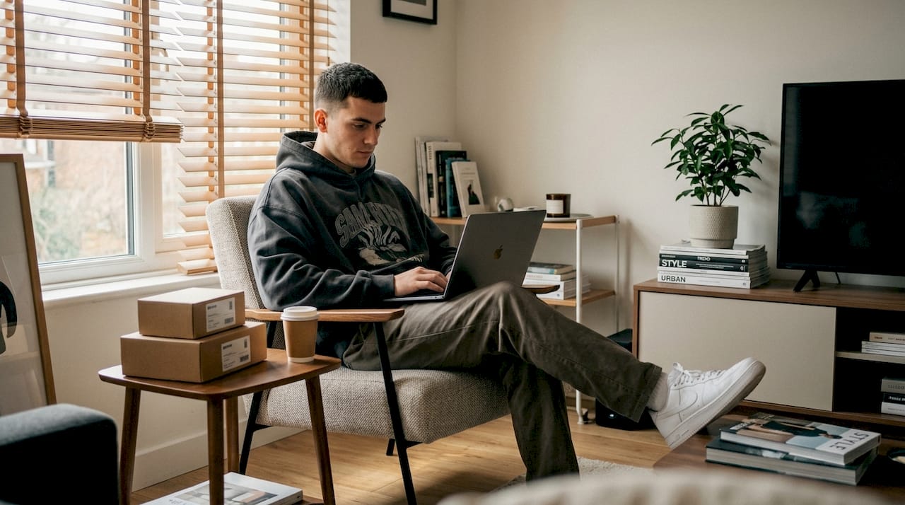 Man shops for streetwear online at home