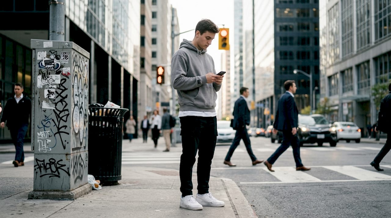 Young man in minimalist streetwear on city street