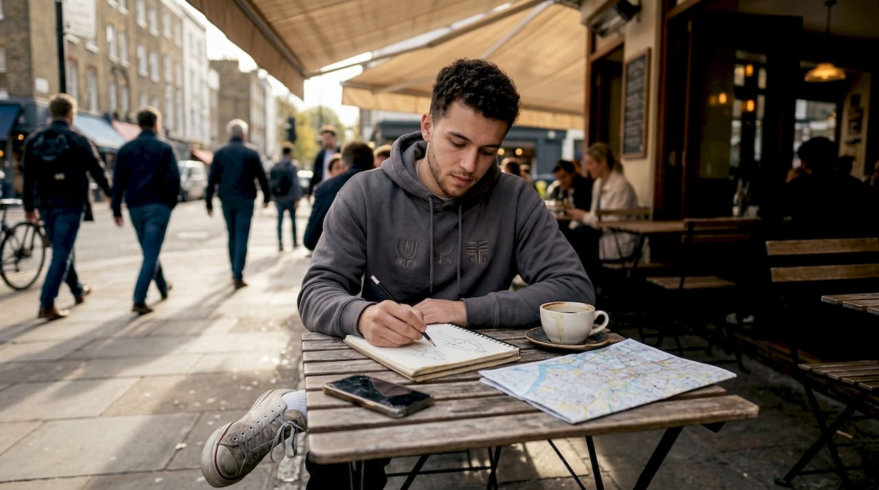 Designer sketching streetwear at city café