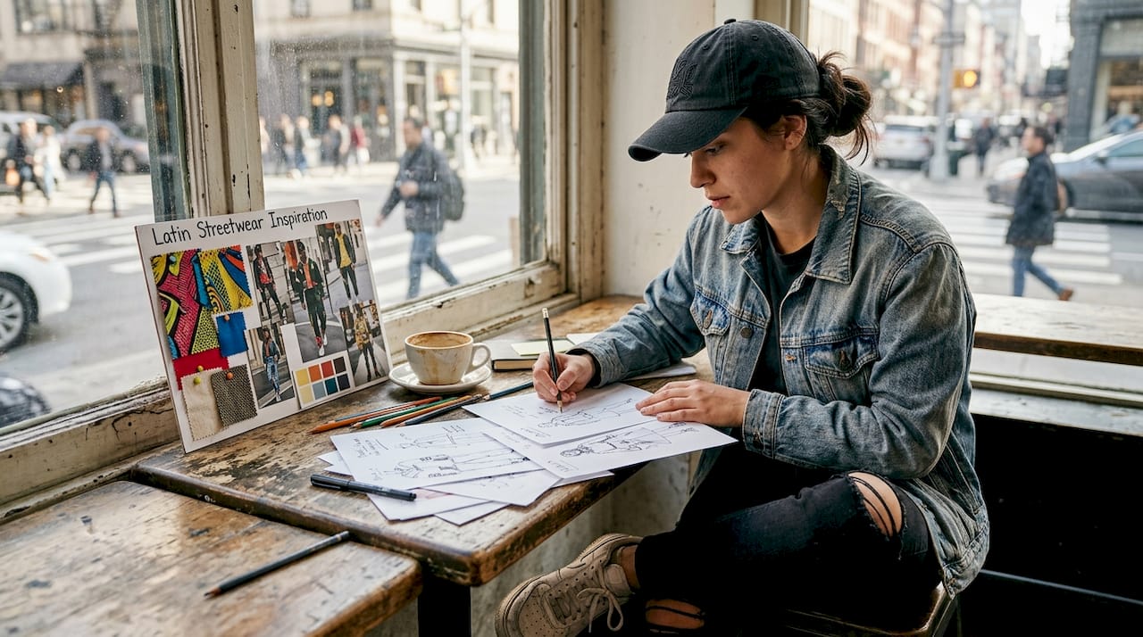 Designer reviewing Latin streetwear sketches in café