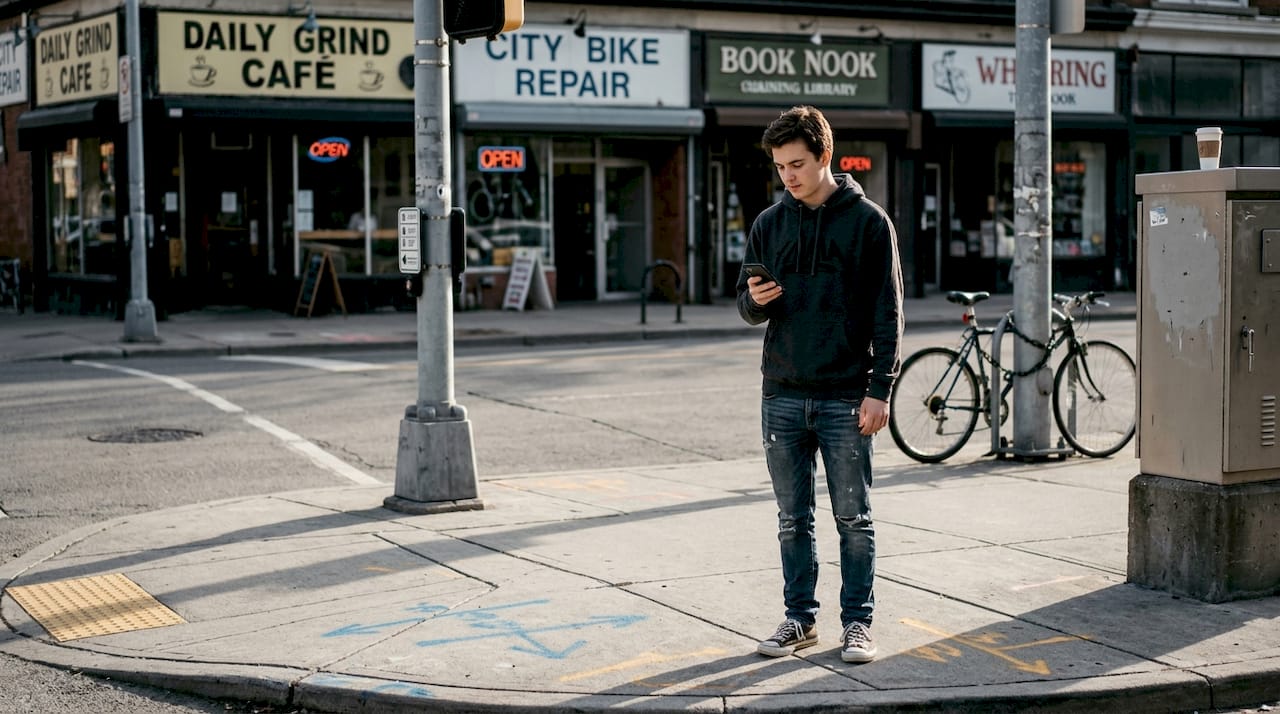 Young man in streetwear on city street corner
