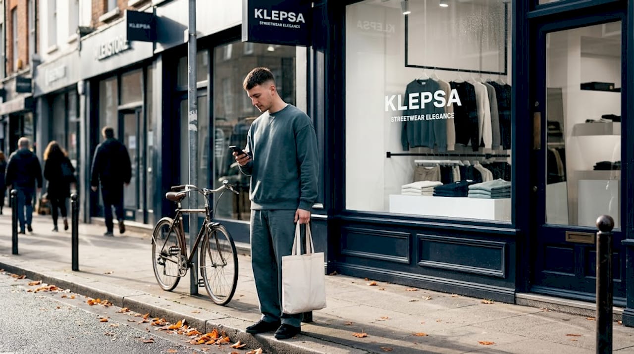 Man in minimalist streetwear outside boutique